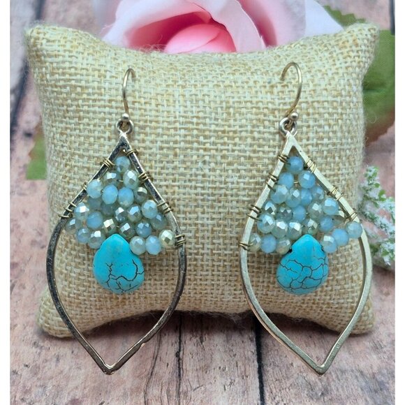 Gold Tone & Faux Turquoise Teardrop Earrings Hook Clasps Faceted Beads Statement - Picture 6 of 7